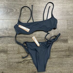 Blue High Cut Bikini Set with Adjustable Ties and Sports Bra Top